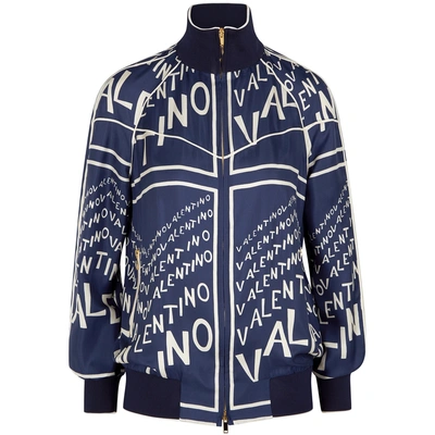 Shop Valentino Navy Printed Silk Twill Bomber Jacket