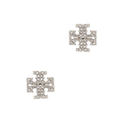 Shop Tory Burch Crystal-embellished Logo Stud Earrings In Silver