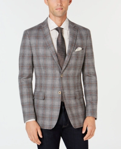 Shop Tallia Men's Slim-fit Gray Plaid Sport Coat With Faux-suede Elbow Patches In Grey/white