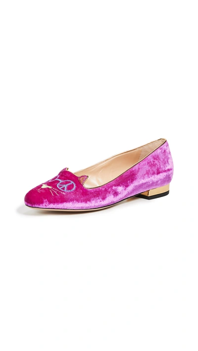 Shop Charlotte Olympia Peaceful Kitty Flats In Flamingo/gold