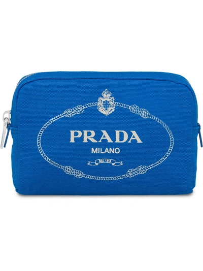 Shop Prada Logo Cosmetic Pouch In Blue