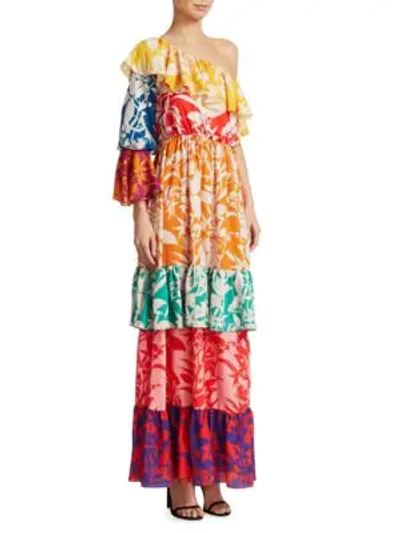Shop Borgo De Nor Penelope One-shoulder Silk Ruffle Dress In Marquesa Multi
