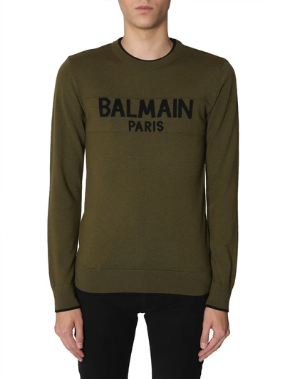 Shop Balmain Sweater With Inlay Logo In Military Green