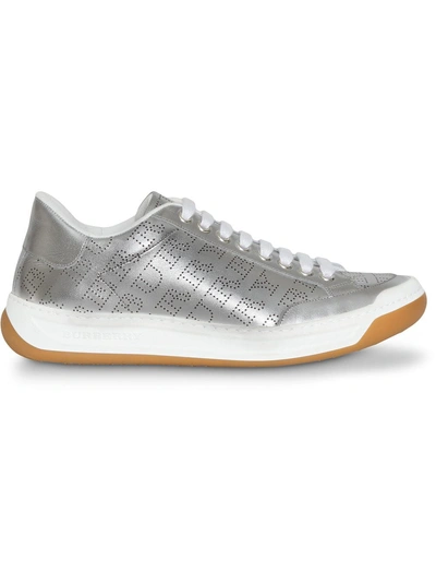 Shop Burberry Perforated Logo Metallic Leather Sneakers In Silver