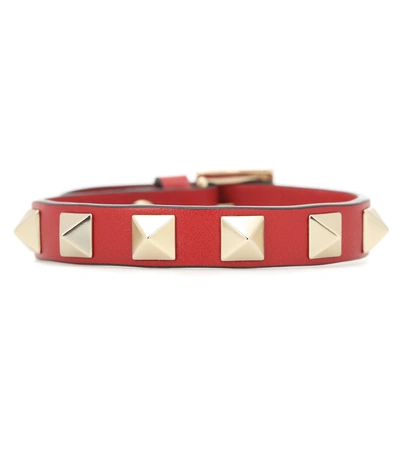 Shop Valentino Rockstud Leather Bracelet In Red