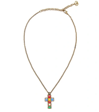 Shop Gucci Cross Pendant Necklace In Multicoloured