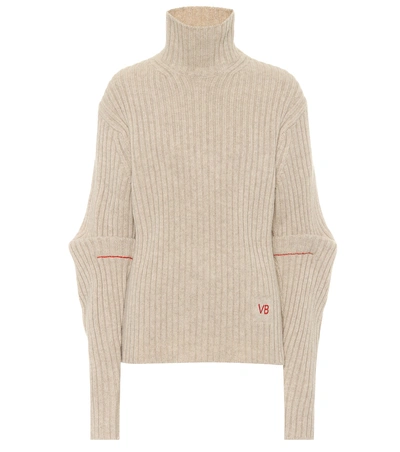 Shop Victoria Beckham Ribbed Wool Turtleneck Sweater In Beige