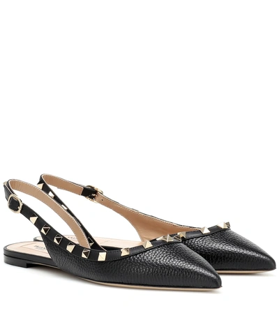 Shop Valentino Rockstud Leather Slingback Ballet Flats In Black