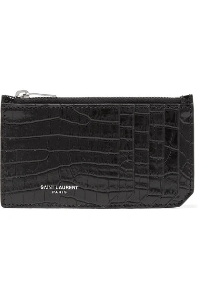 Shop Saint Laurent Croc-effect Patent-leather Cardholder In Black