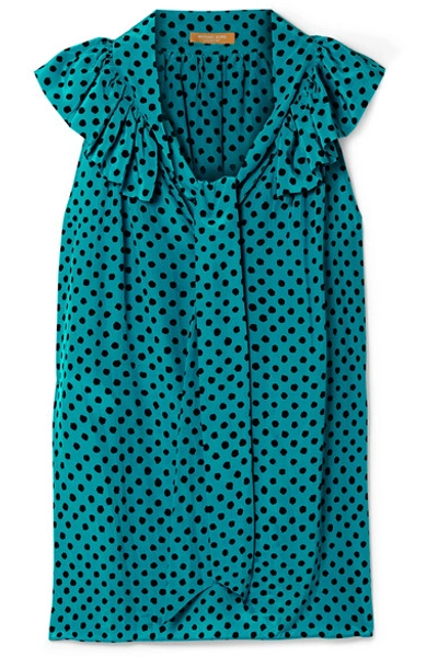 Shop Michael Kors Pussy-bow Ruffled Polka-dot Silk-crepe Blouse In Turquoise