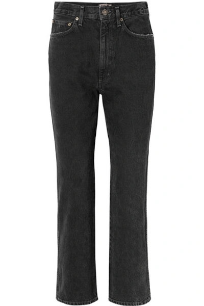 Shop Agolde Pinch Waist Cropped High-rise Flared Jeans In Black