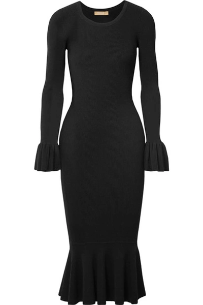 Shop Michael Kors Ruffle-trimmed Ribbed Stretch-knit Midi Dress In Black