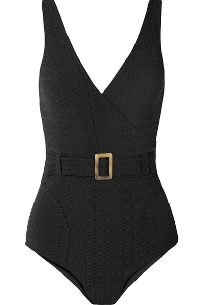 Shop Lisa Marie Fernandez Yasmin Belted Wrap-effect Seersucker Swimsuit In Black