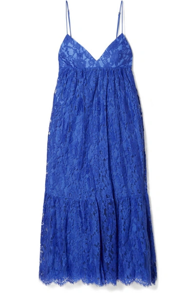 Shop Michael Kors Ruffled Cotton-blend Lace Midi Dress In Blue