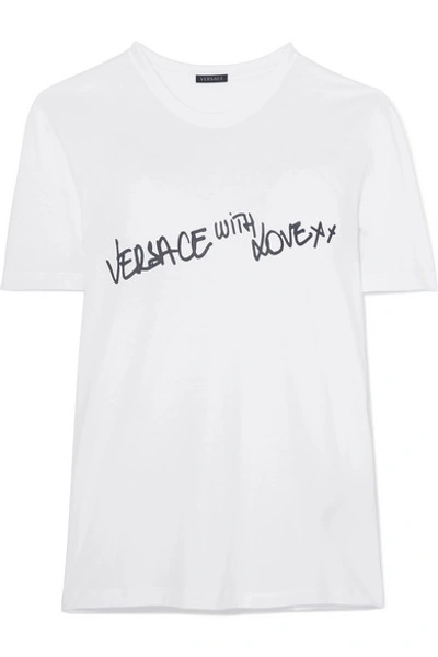 Shop Versace Printed Stretch-cotton Jersey T-shirt In White