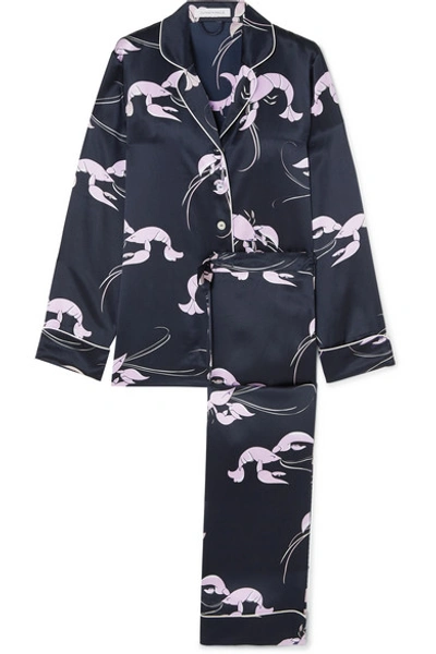 Shop Olivia Von Halle Lila Printed Silk-satin Pajama Set In Navy