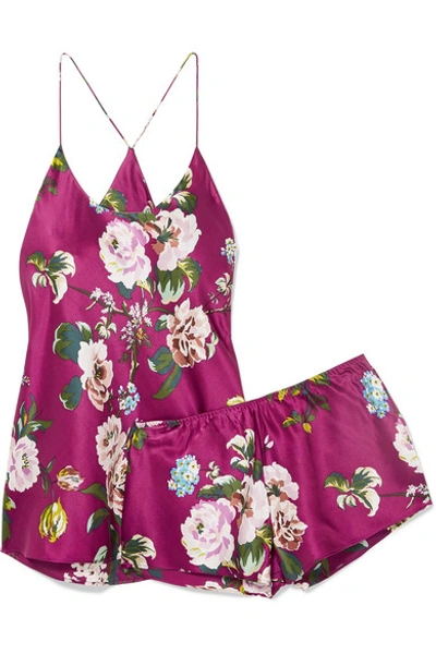 Shop Olivia Von Halle Bella Floral-print Silk-satin Pajama Set In Magenta