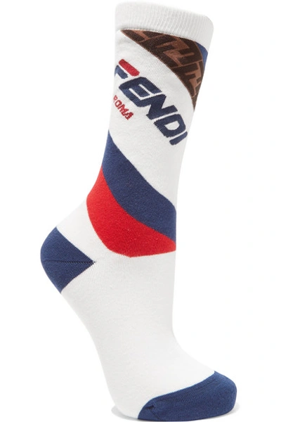 Shop Fendi Striped Ribbed Cotton-blend Socks In White