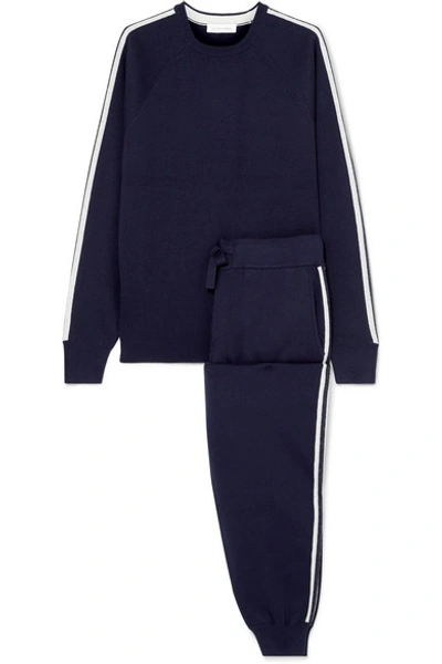 Shop Olivia Von Halle Missy Paris Striped Silk-blend Sweatshirt And Track Pants Set In Navy