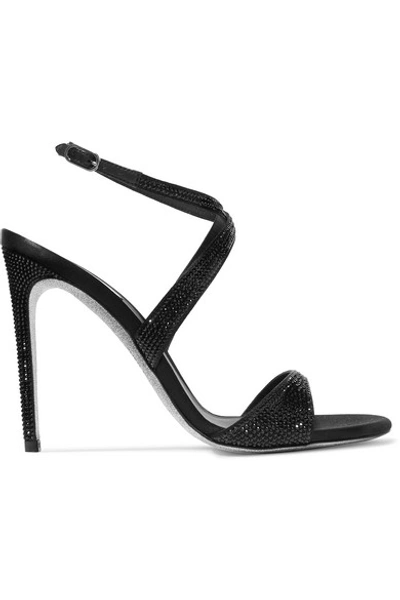 Shop René Caovilla Crystal-embellished Satin And Leather Sandals In Black