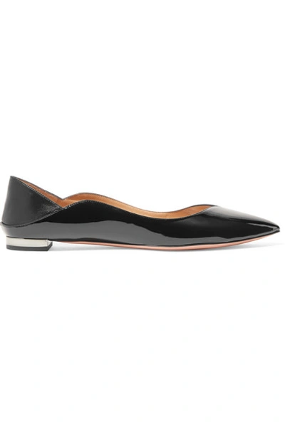 Shop Aquazzura Zen Smooth And Patent-leather Collapsible-heel Point-toe Flats In Black