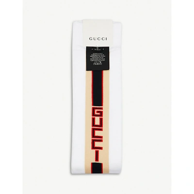 Shop Gucci Logo Print Cotton Intarsia Socks In Ivory