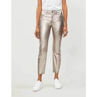 Shop Frame High-rise Metallic Leather Straight-leg Trousers In Light Steel
