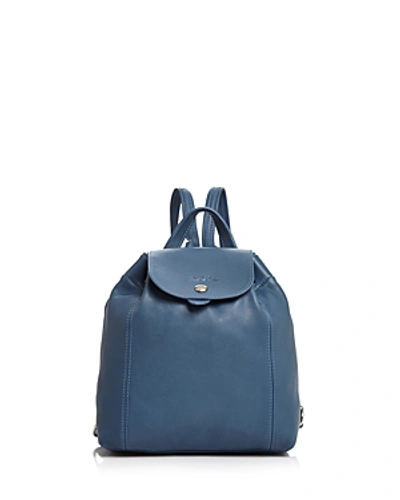 Shop Longchamp Le Pliage Leather Backpack In Pilot Blue/silver