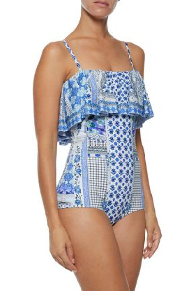 Shop Camilla Woman Salvador Summer Cold-shoulder Embellished Printed Swimsuit Blue