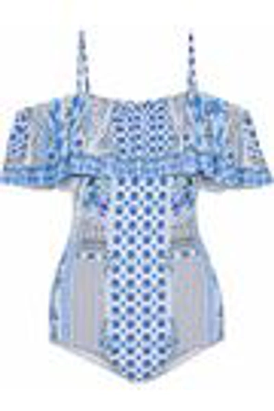Shop Camilla Woman Salvador Summer Cold-shoulder Embellished Printed Swimsuit Blue
