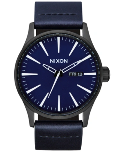 Shop Nixon Men's Sentry Leather/canvas Strap Watch 42mm In All Black / Dark Blue