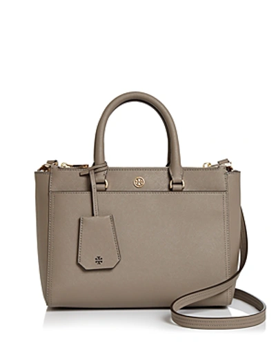 Shop Tory Burch Robinson Small Double Zip Leather Tote In Gray Heron/gold