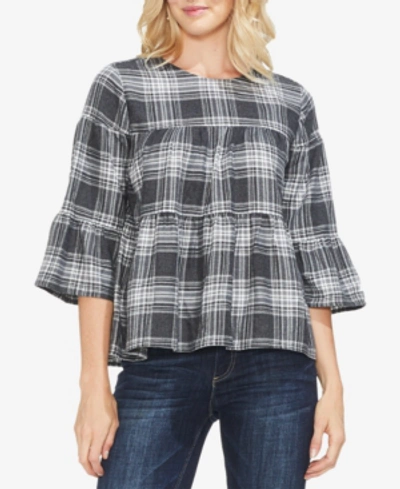 Shop Vince Camuto Plaid Tiered Bell-sleeve Top In Dark Dove Heather