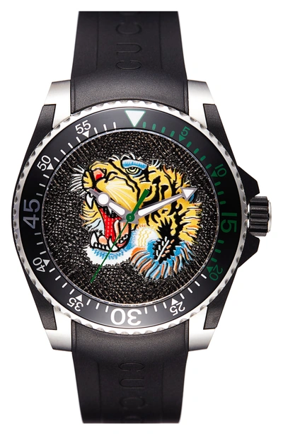 Shop Gucci Tiger Rubber Strap Watch, 40mm In Black