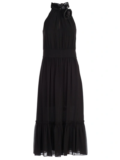 Shop Michael Michael Kors Dress W/s Midi Frilled W/flower Brooch In Black
