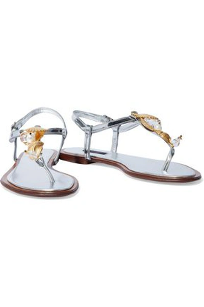 Shop Dolce & Gabbana Embellished Metallic Leather Sandals In Silver