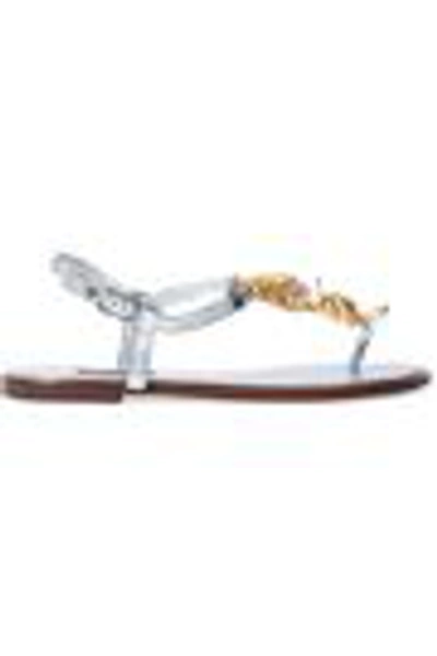 Shop Dolce & Gabbana Embellished Metallic Leather Sandals In Silver