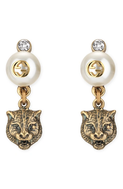 Shop Gucci Feline Head Faux Pearl Earrings In Gold