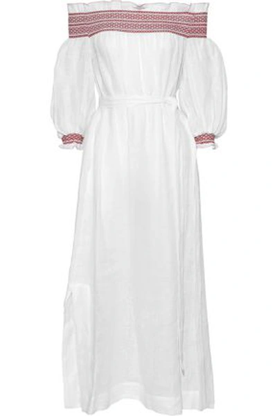 Shop Lisa Marie Fernandez Woman Off-the-shoulder Smocked Linen-gauze Midi Dress White