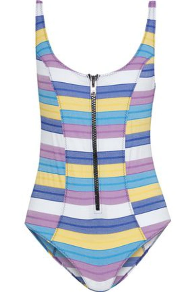 Shop Lisa Marie Fernandez Woman Jasmine Zip-detailed Striped Stretch-cotton Swimsuit Purple