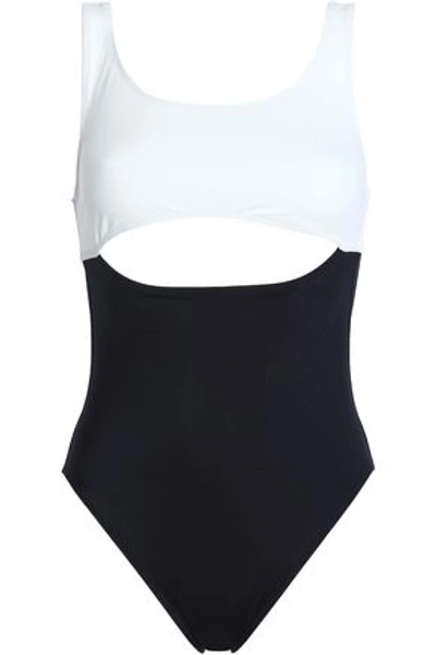 Shop Solid & Striped The Natasha Cutout Two-tone Swimsuit In Black