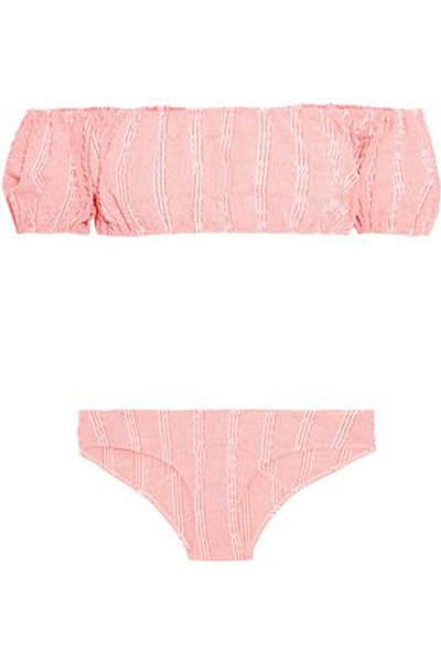 Shop Lisa Marie Fernandez Woman Leandra Off-the-shoulder Striped Seersucker Bikini Pastel Orange