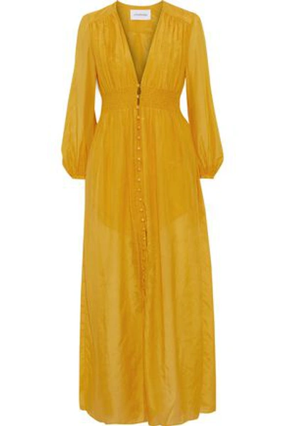 Shop Nicholas Woman Smocked Cotton And Silk-blend Maxi Dress Mustard