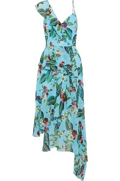 Shop Nicholas Woman Asymmetric Ruffled Floral-print Silk-georgette Midi Dress Sky Blue