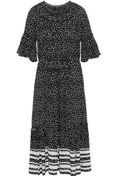 Shop Love Sam Striped Floral-print Crepe De Chine Midi Dress In Black