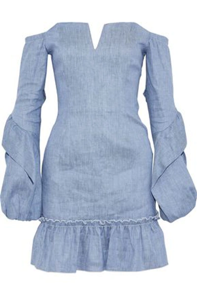 Shop Nicholas Off-the-shoulder Denim Mini Dress In Light Blue