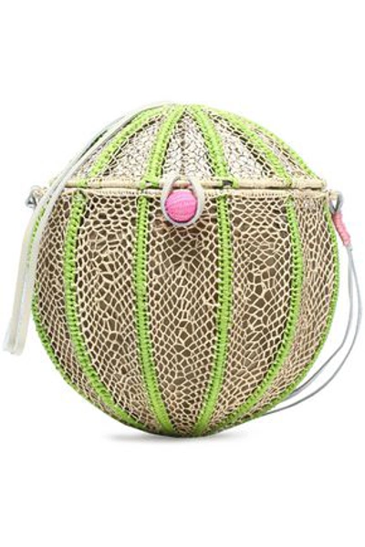 Shop Sophie Anderson Woman Leather-trimmed Woven Straw Shoulder Bag Lime Green