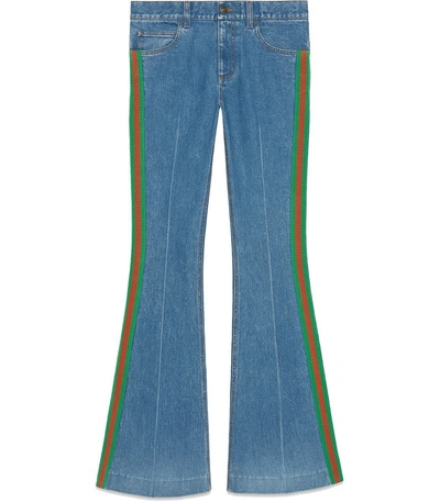 Shop Gucci Stretch Denim Flare Pant In Blue