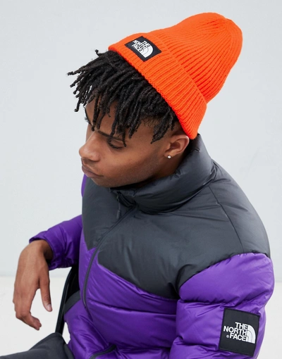 The North Face Logo Box Cuffed Beanie Hat In Orange - Orange | ModeSens