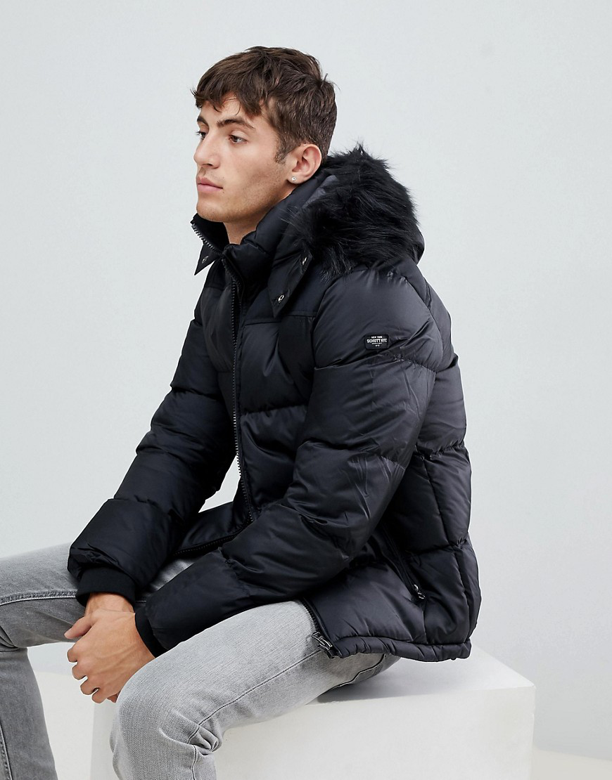 schott padded jacket with hood lining and faux fur collar